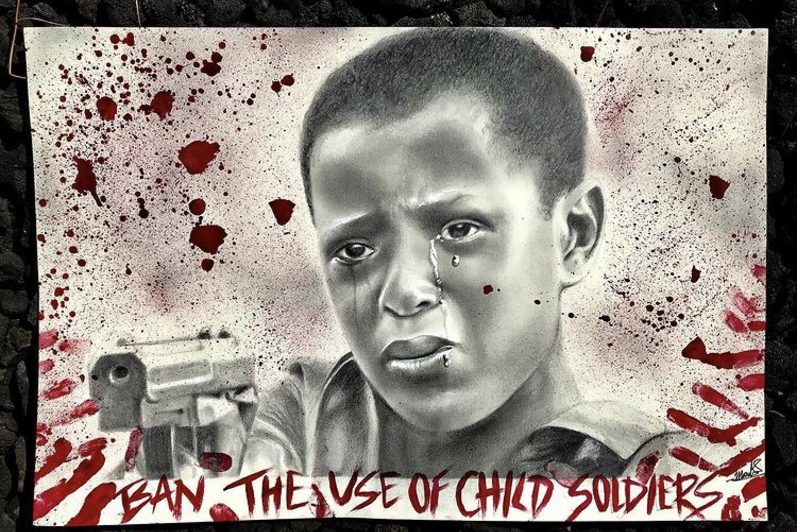 Artwork showing crying boy pointing a gun, Text reads "BAN THE USE OF CHILD SOLDIERS"