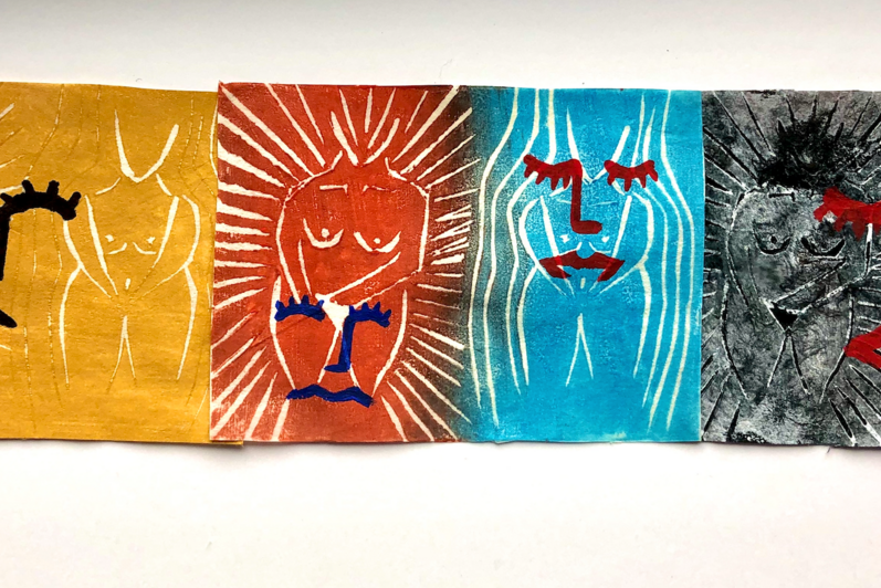 Artwork in sections of yellow, red, blue and black with 6 simplified and stylized outlines of female torso