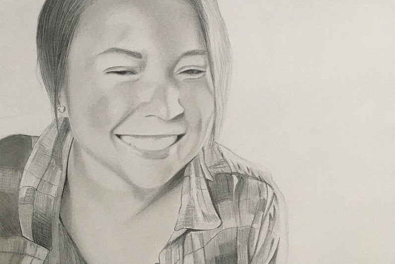 Greyscale drawing, 3/4 view portrait of person wearing a plaid shirt, smiling broadly and looking down. 