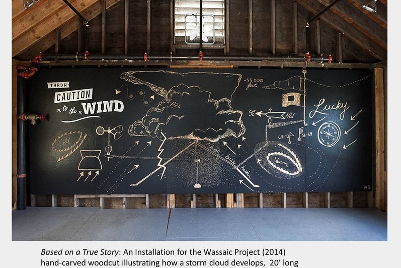 Artwork by Tara Cooper. Based on a True Story: An Installation for the Wassaic Project (2014). hand-carved woodcut 20' long