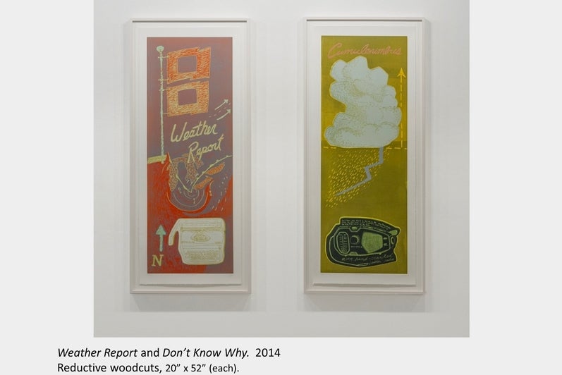 Artwork by Tara Cooper. Weather Report and Don’t Know Why. 2014, Reductive woodcuts, 20” x 52” (each).
