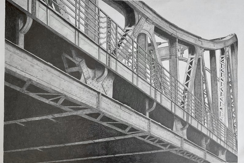 Artwork of greyscale drawing of steel truss bridge showing details of bottom and side.  Bridge angles down from top left of page