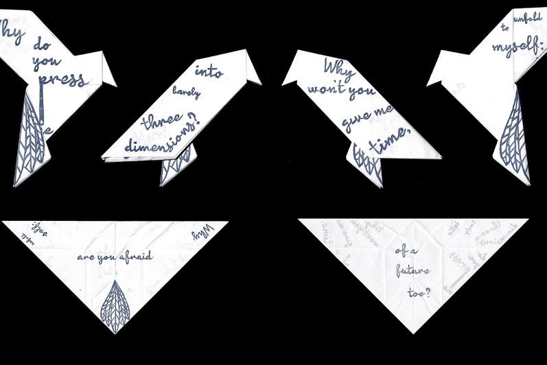 Artwork of text the feather patterns, folded into the shape of bird and triangel