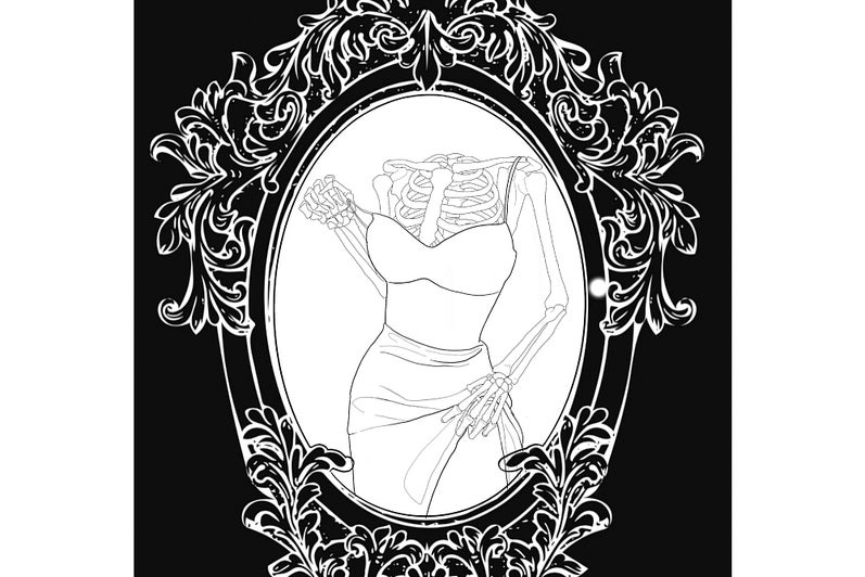 Line drawing of skeletal torso in a gown, one hand raised the skirt and the other lowers a strap, all inside an ornate frame.