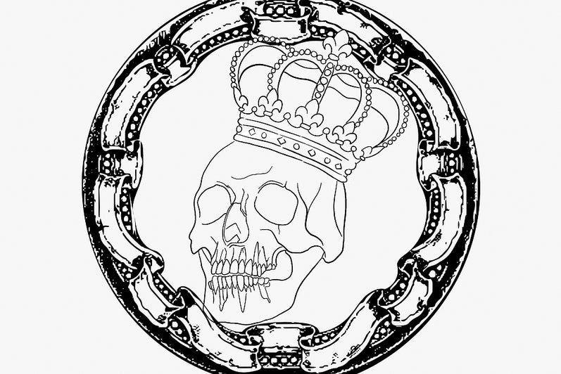 Line drawing of skull wearing a crown, all inside a round ornate frame.