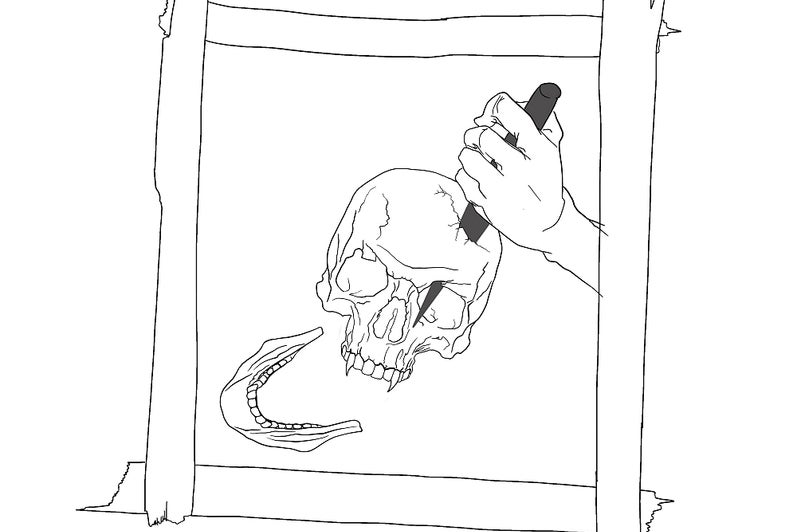 Line drawing of a hand ramming a spike through the top of a skull with the jaw detached, inside a frame of wood boards. 