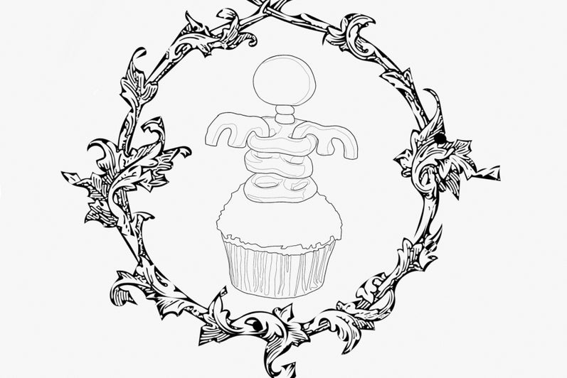 Line drawing of stylized skeletal figure on top of a cupcake, all inside a circular ornate frame.