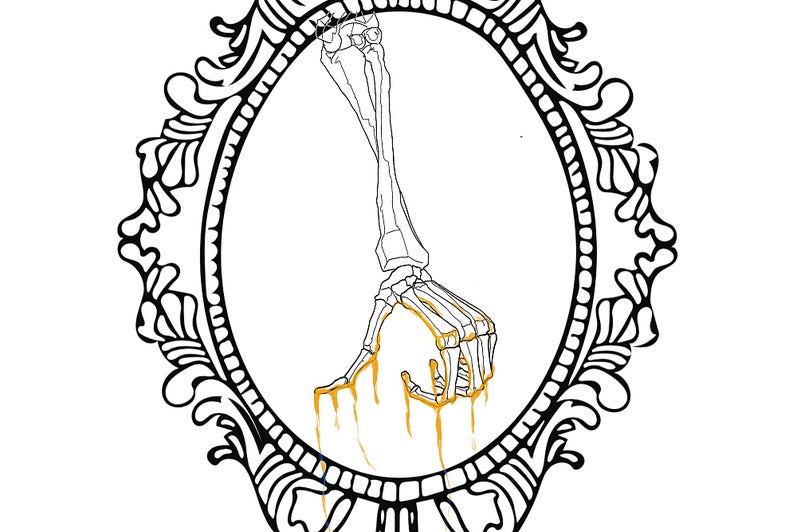Line drawing of skeletal arm with gold liquid dripping from the hand, all inside an oval ornate frame.