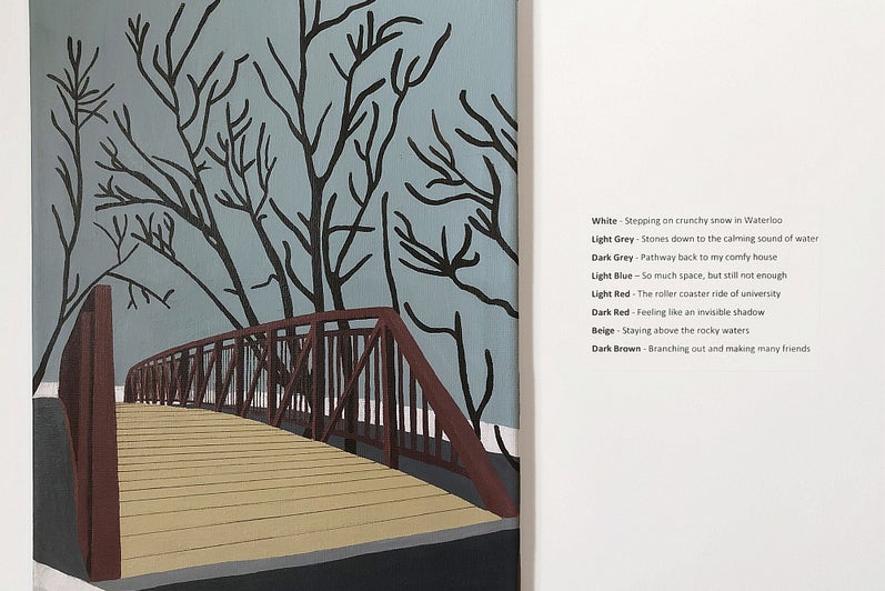 Painting of a simplified landscape with a wooden footbridge and trees.  Text panel beside assigns thoughts to each colour.