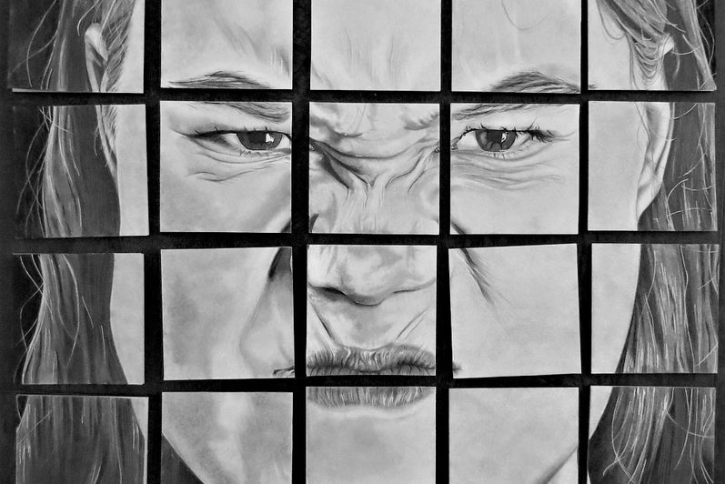 Black and white drawing of a portrait with a disgusted expression, cut into grid of 5 x 4 squares.