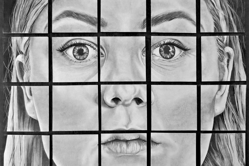 Black and white drawing of a portrait with a neutal expression, cut into grid of 5 x 4 squares.