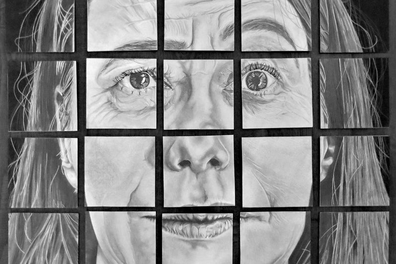 Black and white drawing of a portrait with a quizzical expression, cut into grid of 5 x 4 squares.