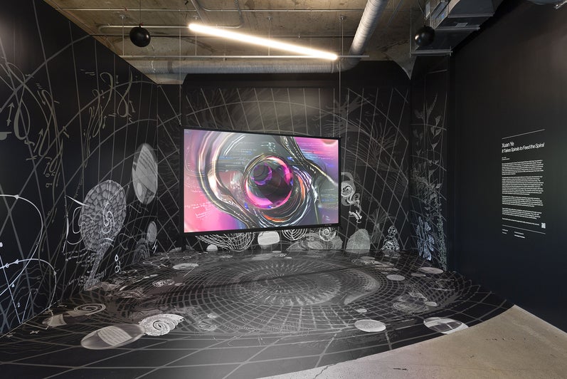 Art exhibition with a dark room filled with spiralling grey lines and scientific symbols. On the far wall is a monitor with computer generated patterns.