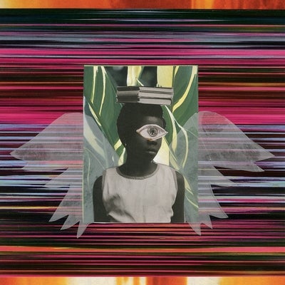 Photographic collage of a winged, dark-skinned figure with one large eye pasted over their eyes and books piled on their head.