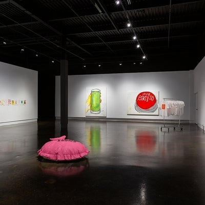 Exhibit with a series of colourful drawings pinned to the wall, 3 large paintings, t-shirts and a large pink cushion on floor