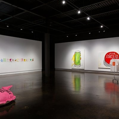 Exhibit with a series of colourful drawings pinned to the wall, 2 large paintings, t-shirts and a large pink cushion on floor
