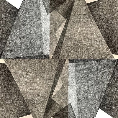 Cross-hatched drawing of pyramidical, geometric shapes, in shades of grey and light brown