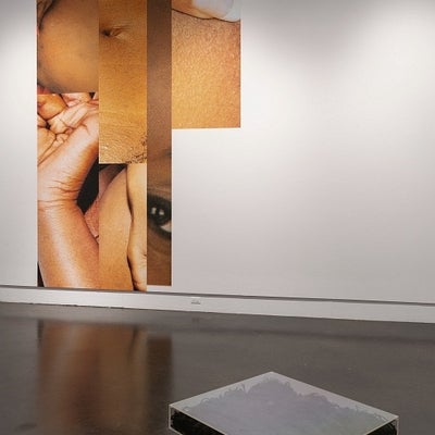 Art exhibition in gallery. Large scale photographs on walls depict details of a black woman's body. On floor, low plexiglass box