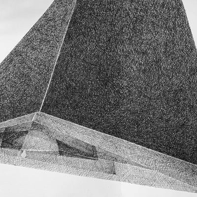 Cross-hatched drawing of pyramidical, geometric shapes, in shades of grey.