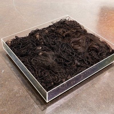 Artwork in gallery. On floor, low plexiglass box is filled with long dark hair, much of it in thin braids.