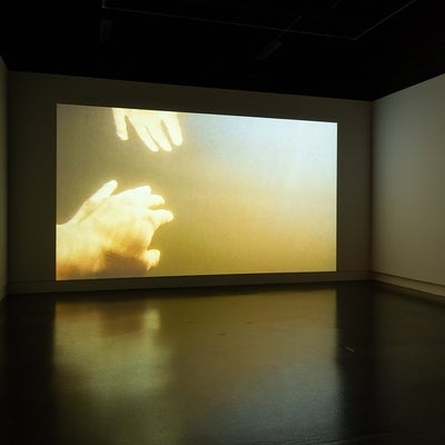 Video in dark gallery. Video show two hands underwater against a golden background that brightens to white at top right corner