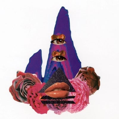 Photographic collage of flowers, eyes and lips that form a pyramidal composition.