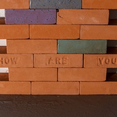 Artwork of "bricks" coloured terracotta, purple and grey, three bricks are impressed with words "how" "are" and "you".