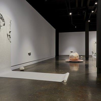 Art gallery installation of large spherical fabric sculptures on circular platforms and charcoal drawings on large scrolls that are hung on the wall and unroll onto the floor.