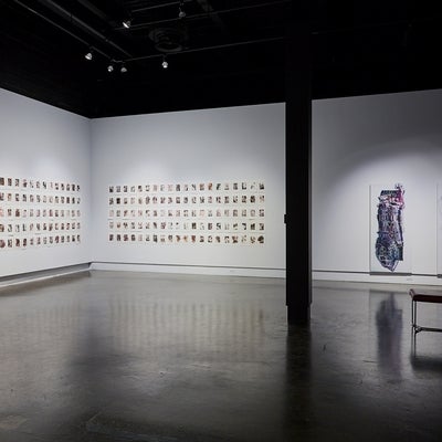 Art gallery installation of large scale prints of distorted medical scans and smaller prints depicting medical waste that are hung in two grids with 100 prints each.