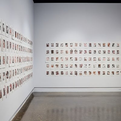 Multiple prints depicting medical waste that are hung in two grids with 100 prints each.