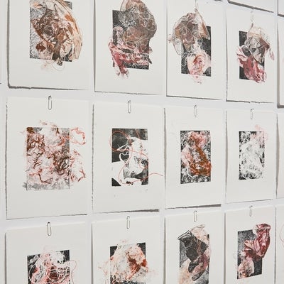 Detail of multiple prints depicting medical waste hung by paperclips in a grid pattern.