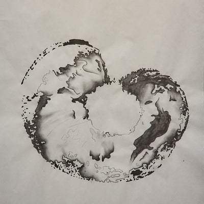 Abstract, textural, charcoal wash drawing of a peach.