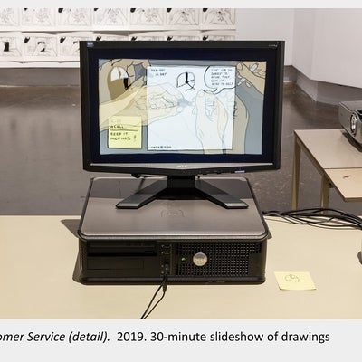 Patrick Allaby's exhibition Customer Service (detail).  2019. 30-minute slideshow of drawings