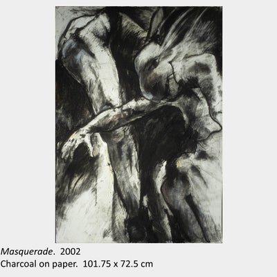 Artwork by Ann Roberts. Masquerade. 2002. Charcoal on paper. 101.75 x 72.5 cm