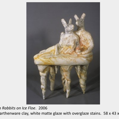 Artwork by Ann Roberts. Etruscan Rabbits on Ice Floe. 2006. White earthenware clay, with overglaze.  58 x 43 x 16 cm