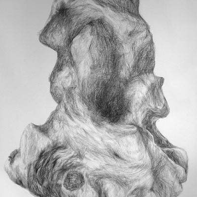 Large pencil drawing of a hanging rock-like shape.