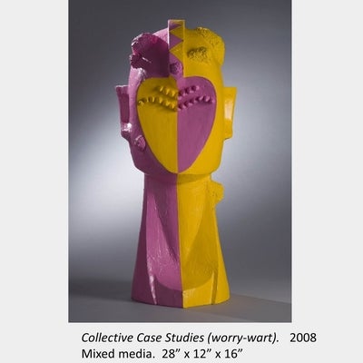 Artwork by Susan Beniston. Collective Case Studies (worry-wart). 2008. Mixed media.  28” x 12” x 16”
