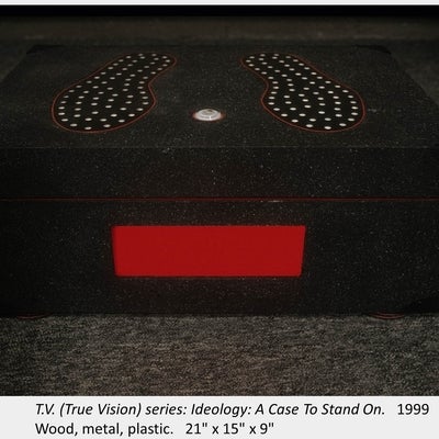 Artwork by Mathew Blakely. T.V. (True Vision) series: Ideology: A Case To Stand On. 1999. Wood, metal, plastic. 21" x 15" x 9"