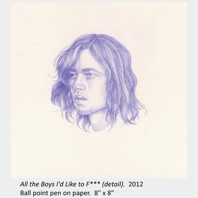 Artwork by Shauna Born. All the Boys I'd Like to F*** (detail). 2012. Ball point pen on paper. 8" x 8"