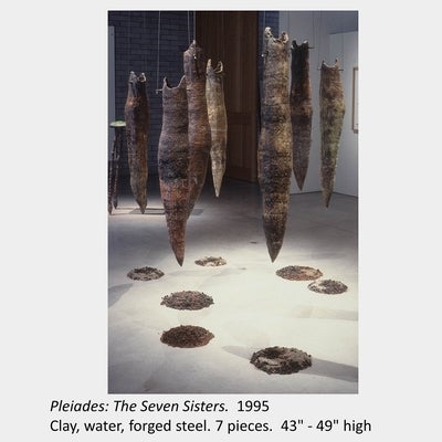 Artwork by Carol Bradley. Pleiades: The Seven Sisters. 1995. Clay, water, forged steel. 7 pieces. 43" - 49" high.