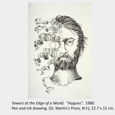 Artwork by Virgil Burnett; Towers at the Edge of a World, "Hugues"; 1980; Pen and ink drawing (St. Martin's Press, N.Y.)
