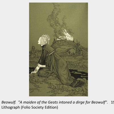 Artwork by Virgil Burnett; Beowulf, "A maiden of the Geats intoned a dirge for Beowulf"; 1973; Lithograph (Folio Society Edition