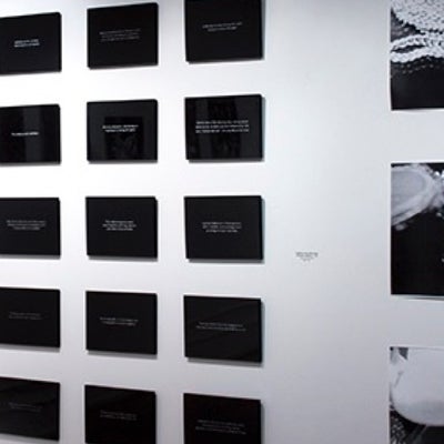 Gallery installation. Black rectangles with small white text are hung in a 5x5 grid.  Beside this are three BW still life photos
