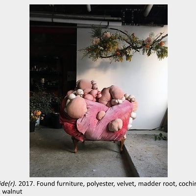 Artwork by Maria Sinmmons - Debride(r). 2017. Found furniture, polyester, velvet, madder root, cochineal, lac, black walnut