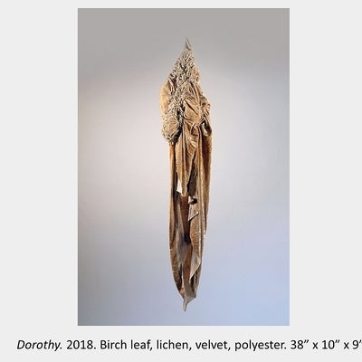 Artwork by Maria Sinmmons - Dorothy. 2018. Birch leaf, lichen, velvet, polyester. 38” x 10” x 9” 