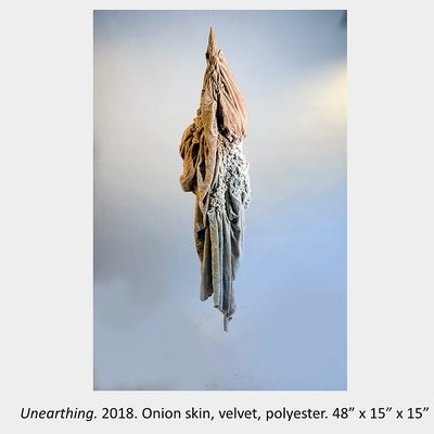 Artwork by Maria Sinmmons - Unearthing. 2018. Onion skin, velvet, polyester. 48” x 15” x 15”