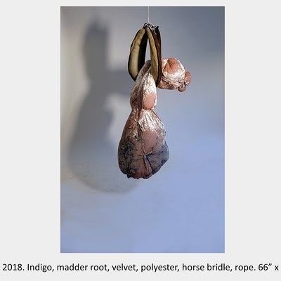 Artwork by Maria Sinmmons - Heritage. 2018. Indigo, madder root, velvet, polyester, horse bridle, rope. 66” x 25” x 20”