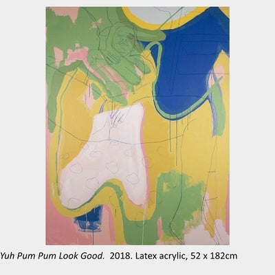 Artwork by Racquel Rowe - Gyal Yuh Pum Pum Look Good.  2018. Latex acrylic, 52 x 182cm