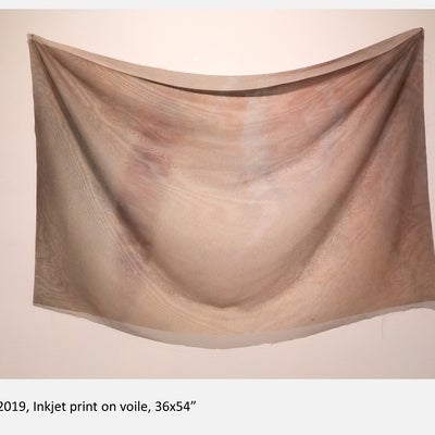 Fabric in various shades of dull pink with voile pattern hanging on wall
