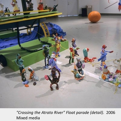 Artwork by Cesar Forero. "Crossing the Atrato River" Float parade (detail). 2006. Mixed media.